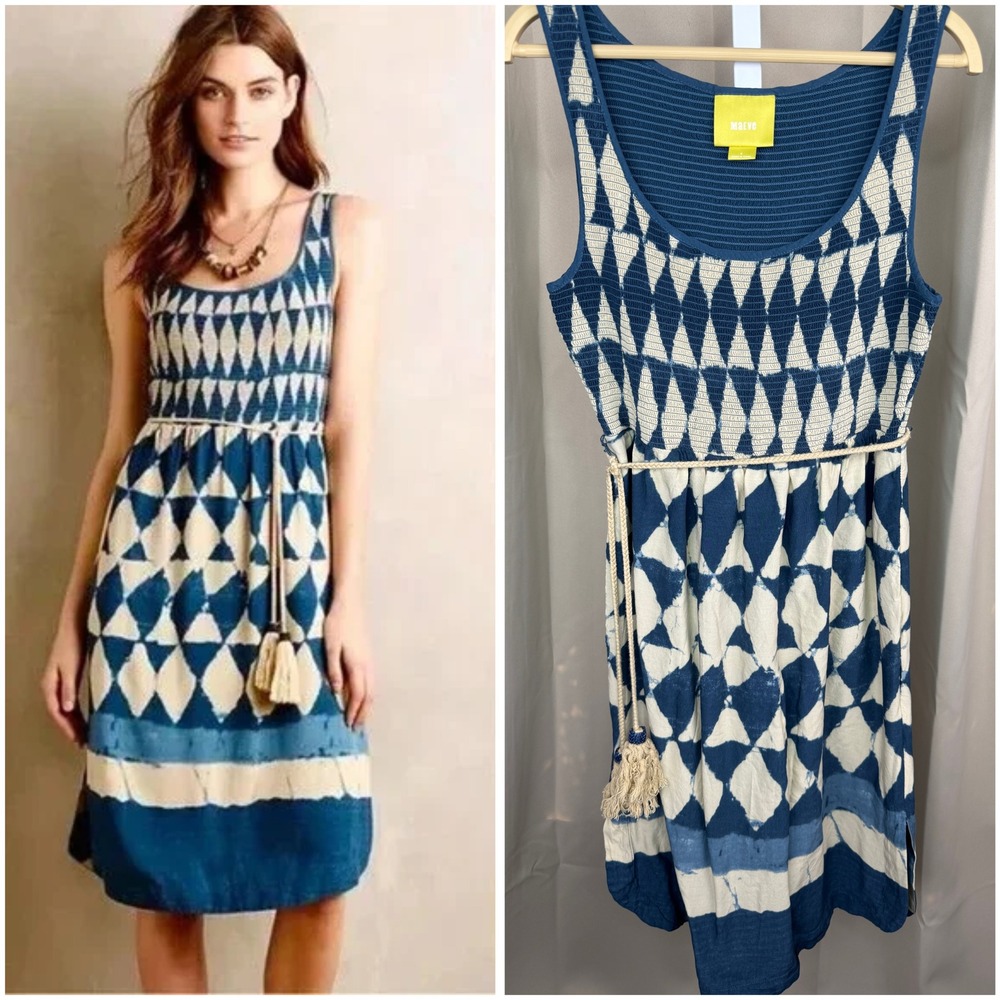 Maeve Blue and White Geometric Midi Dress